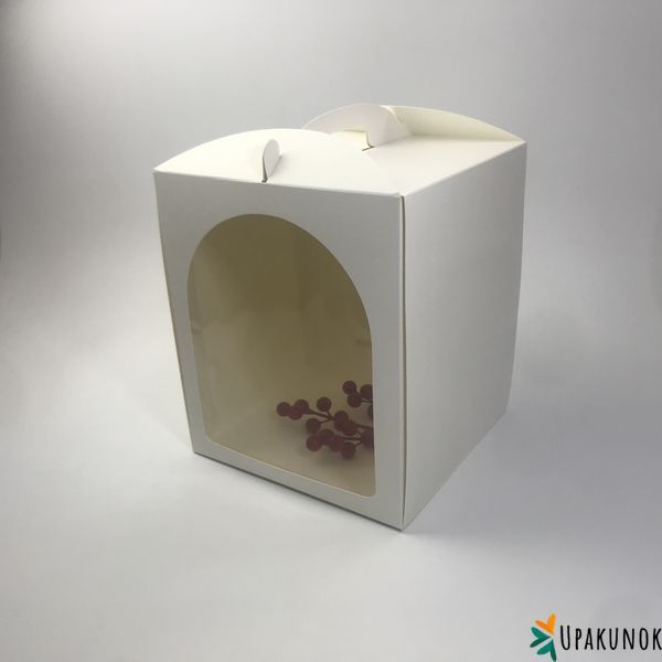 Коробка для мини-торта, кулича, пряничного домика, 210*210*250 мм, с ручками и окном, белая (Паска до &Oslash;20 см) 86-00259 фото