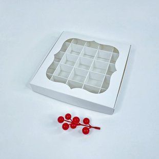 Коробка для 25 конфет, 200*200*30 мм, с окном, белая ▣ (10 шт) к918-ц-10 фото